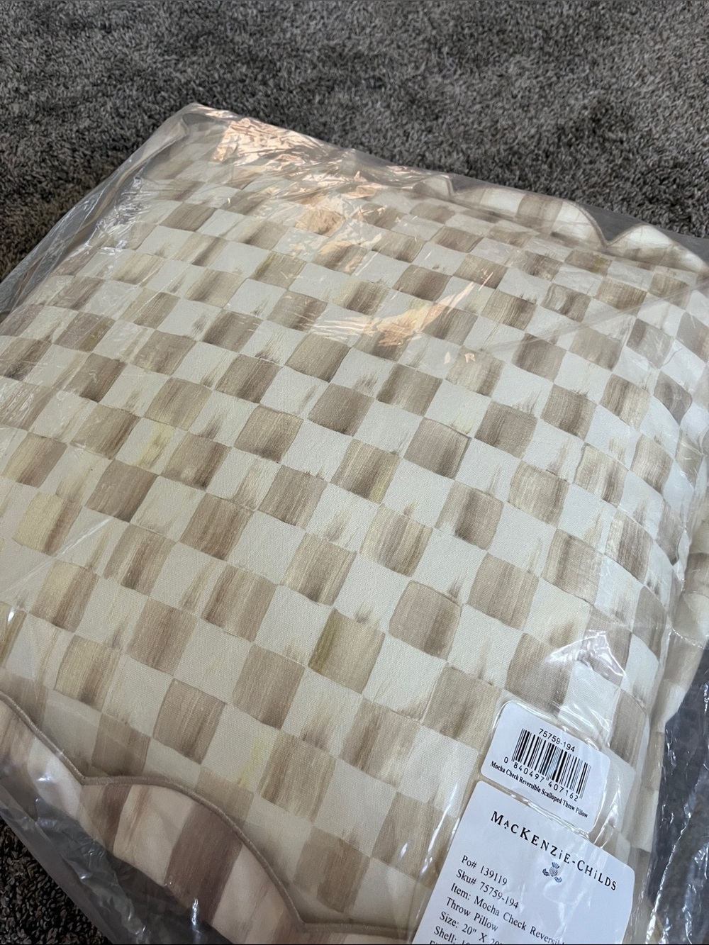 MacKenzie-Childs Mocha checker reversible scalloped throw Decorative Pillow! New